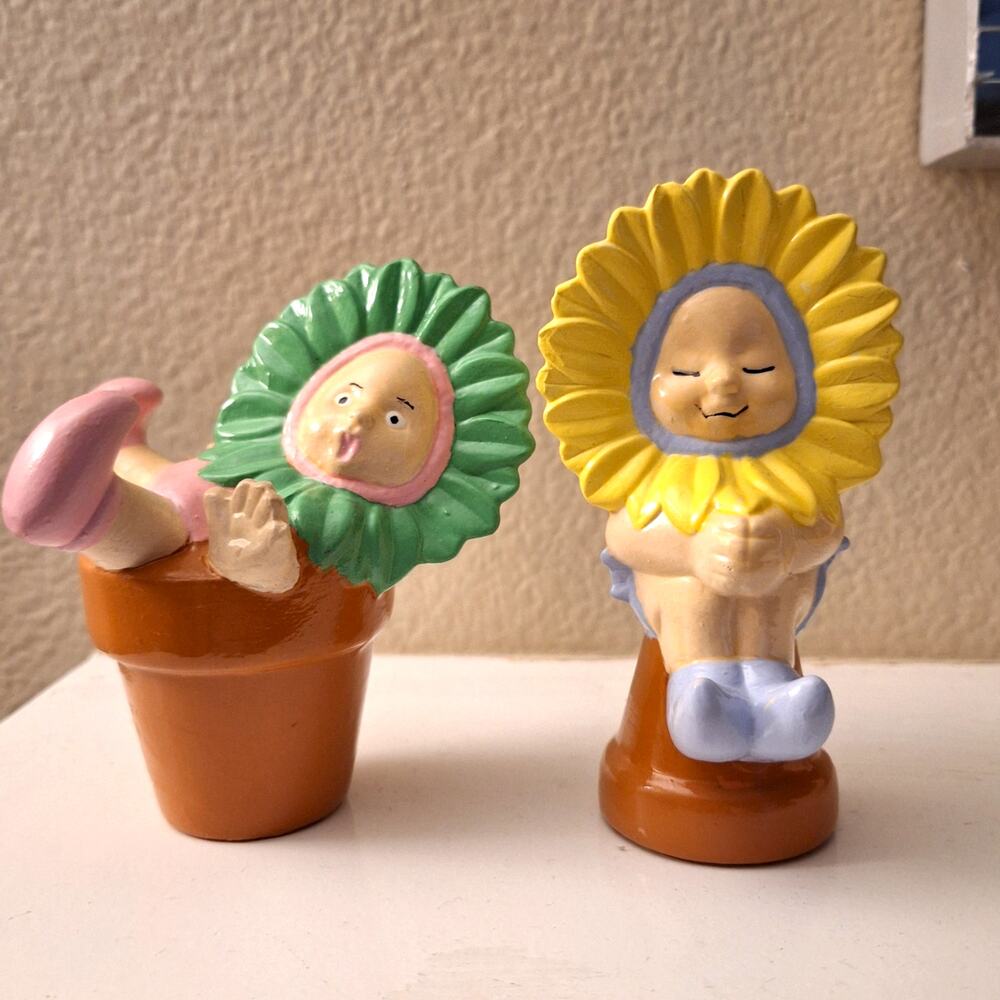 Vintage ceramic Dona hand painted sunflower babies in pot figurines set of 2